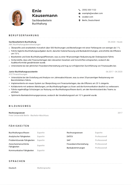 Lebenslauf-Muster für Sachbearbeiter*in Buchhaltung
