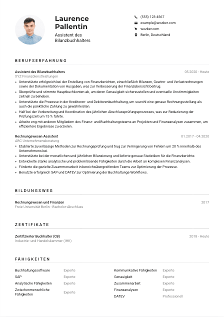 Lebenslauf-Muster für Assistent*in des Bilanzbuchhalters