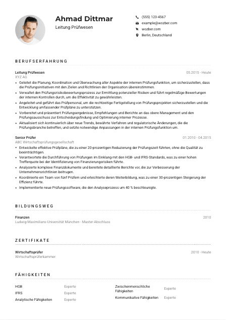 Lebenslauf-Muster für Leitung Prüfwesen
