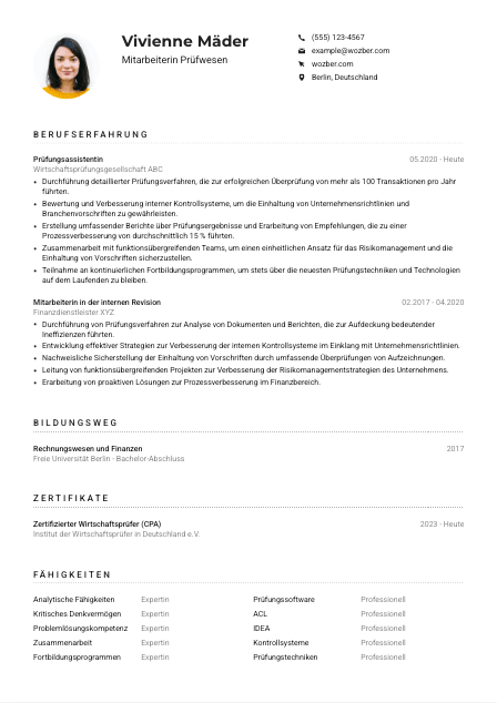 Lebenslauf-Muster für Mitarbeiter*in Prüfwesen