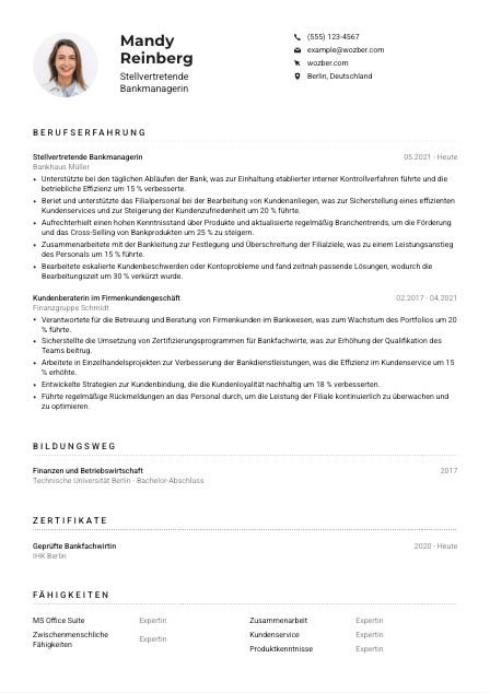 Lebenslauf-Muster für stellvertretende*r Bankmanager*in