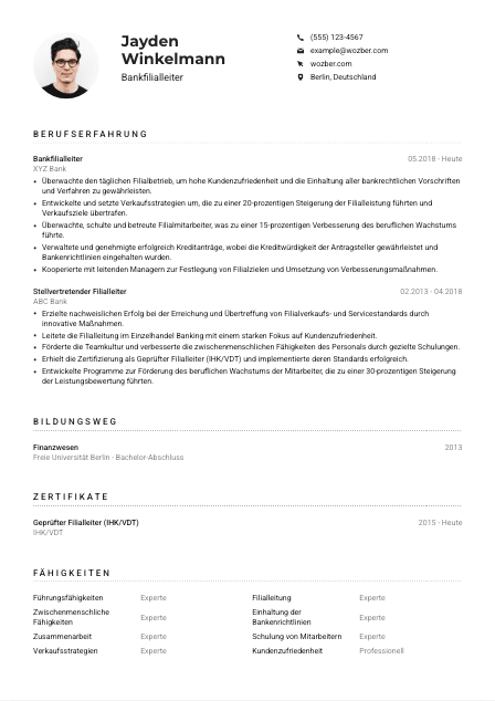 Lebenslauf-Muster für Bankfilialleiter*in
