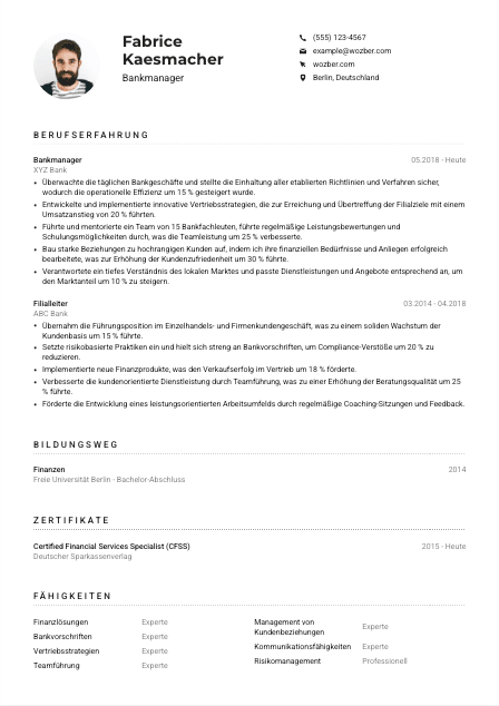 Lebenslauf-Muster für Bankmanager*in