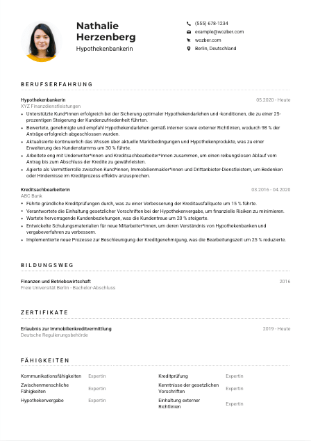 Lebenslauf-Muster für Hypothekenbanker*in
