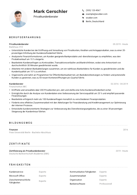 Lebenslauf-Muster für Privatkundenberater*in