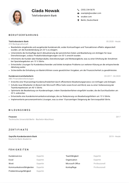 Lebenslauf-Muster für Telefonberater*in Bank