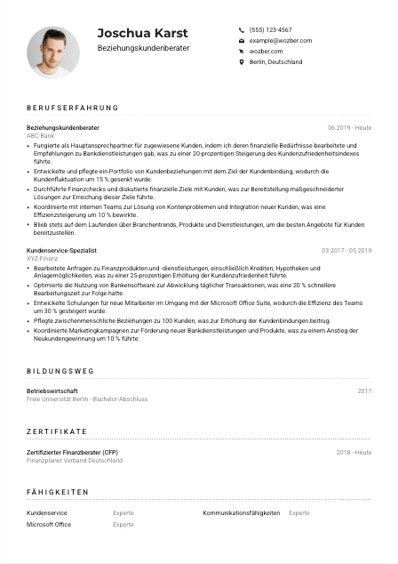 Lebenslauf-Muster für Beziehungskundenberater*in