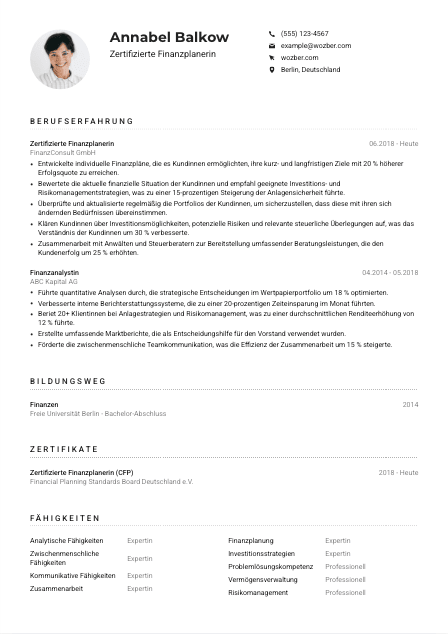 Lebenslauf-Muster für Zertifizierte*r Finanzplaner*in