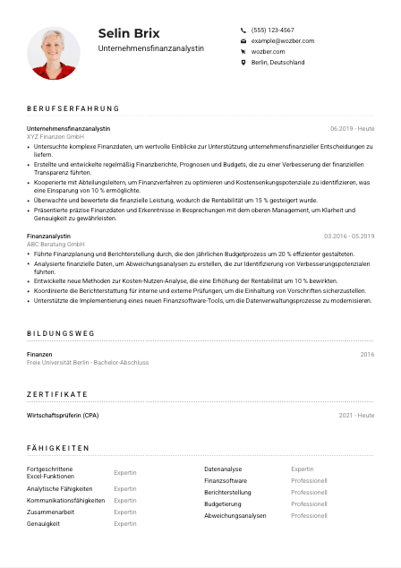 Lebenslauf-Muster für Unternehmensfinanzanalyst*in