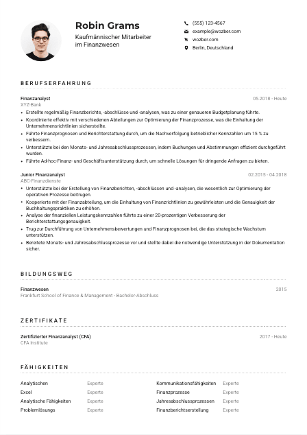 Lebenslauf-Muster für Kaufmännische*r Mitarbeiter*in im Finanzwesen