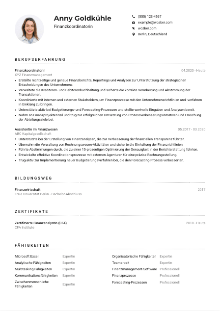 Lebenslauf-Muster für Finanzkoordinator*in