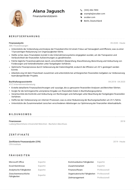 Lebenslauf-Muster für Finanzunterstützer*in