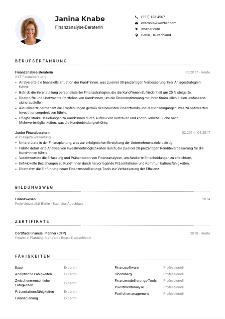 Lebenslauf-Muster für Finanzanalyse-Berater*in