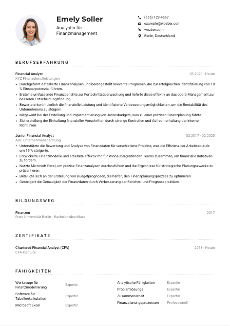 Lebenslauf-Muster für Analyst*in für Finanzmanagement
