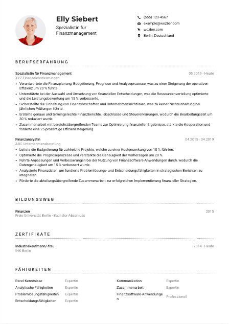 Lebenslauf-Muster für Spezialist*in für Finanzmanagement