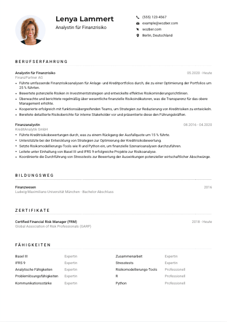 Lebenslauf-Muster für Analyst*in für Finanzrisiko
