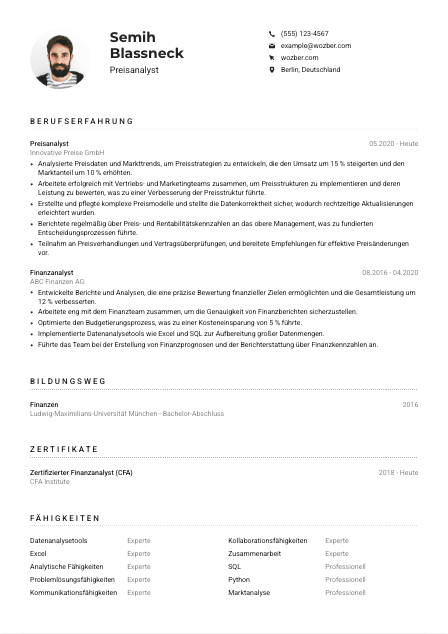 Lebenslauf-Muster für Preisanalyst*in