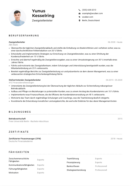 Lebenslauf-Muster für Zweigstellenleiter*in