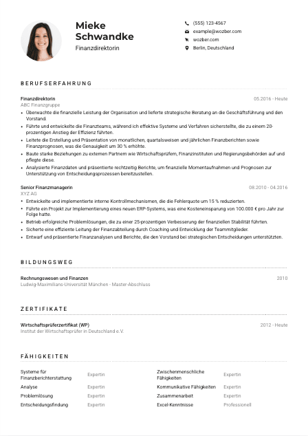 Lebenslauf-Muster für Finanzdirektor*in
