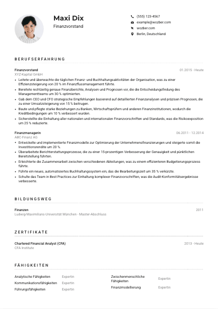 Lebenslauf-Muster für Finanzvorstand