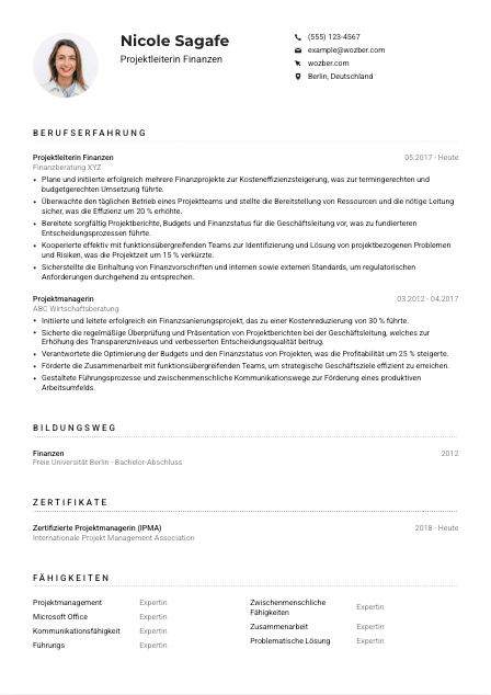 Lebenslauf-Muster für Projektleiter*in Finanzen