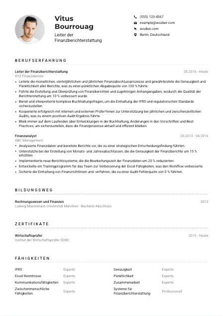Lebenslauf-Muster für Leiter*in Finanzberichterstattung