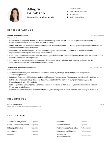 Lebenslauf-Muster für Leiter*in Hypothekenbetrieb