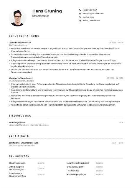 Lebenslauf-Muster für Steuerdirektor*in