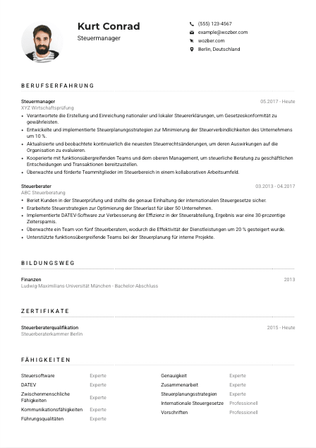 Lebenslauf-Muster für Steuermanager*in