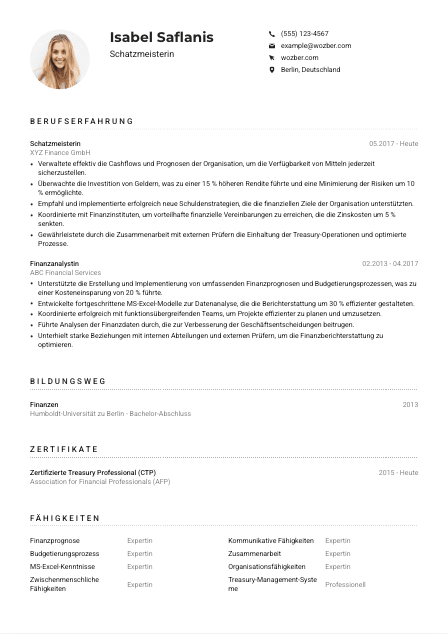 Lebenslauf-Muster für Schatzmeister*in