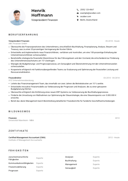 Lebenslauf-Muster für Vizepräsident*in Finanzen