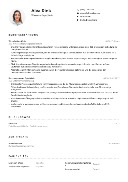 Lebenslauf-Muster für Wirtschaftsprüfer*in