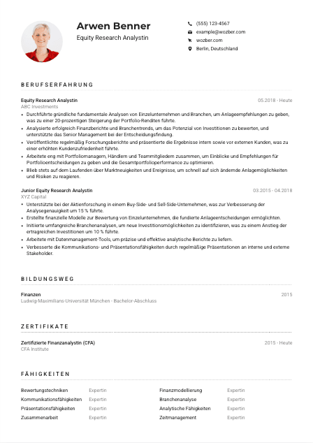 Lebenslauf-Muster für Equity Research Analyst*in