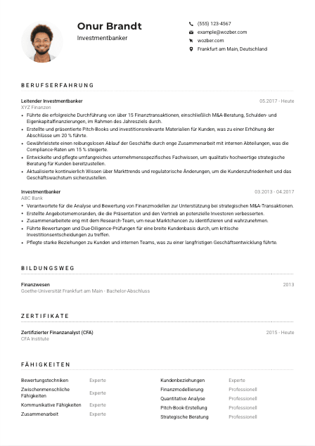 Lebenslauf-Muster für Investmentbanker*in