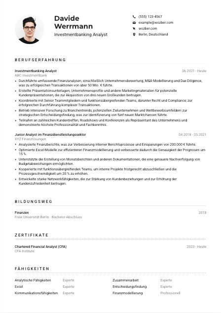 Lebenslauf-Muster für Investmentbanking Analyst*in