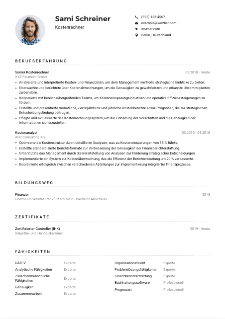 Lebenslauf-Muster für Kostenrechner*in