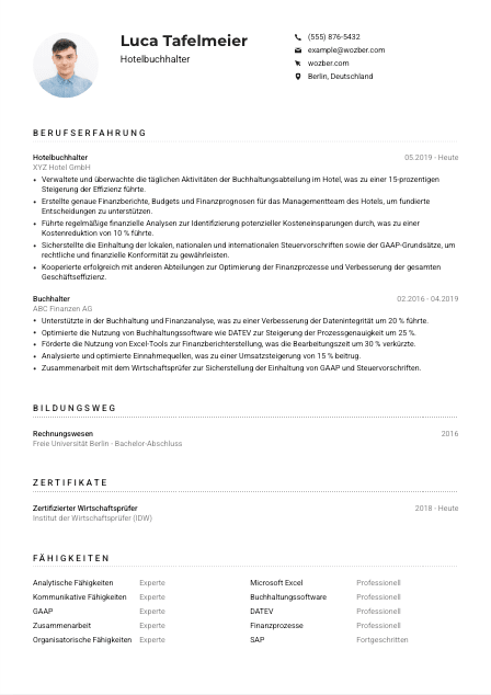 Lebenslauf-Muster für Hotelbuchhalter*in