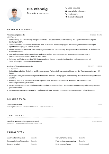 Lebenslauf-Muster für Tierernährungsexpert*in
