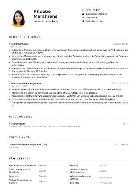 Lebenslauf-Muster für Veterinärtechniker*in