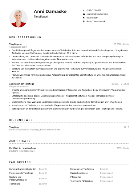 Lebenslauf-Muster für Tierpfleger*in