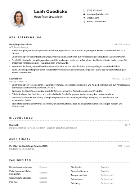 Lebenslauf-Muster für Hautpflege-Spezialist*in