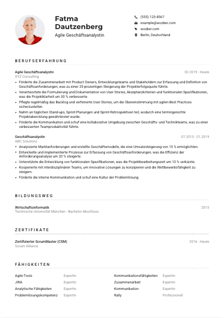 Lebenslauf-Muster für Agile*r Geschäftsanalyst*in