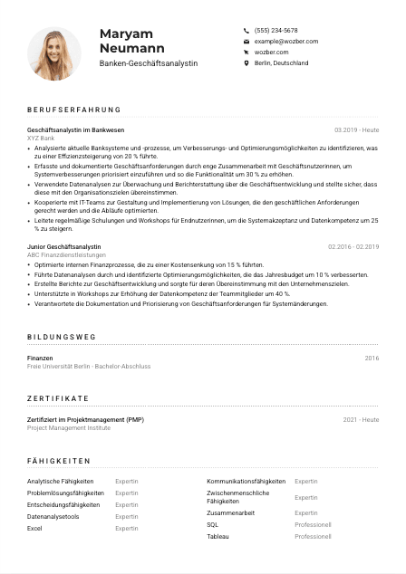 Lebenslauf-Muster für Banken-Geschäftsanalyst*in