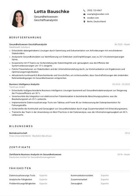Lebenslauf-Muster für Gesundheitswesen-Geschäftsanalyst*in