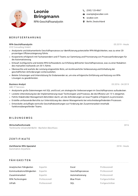 Lebenslauf-Muster für RPA-Geschäftsanalyst*in