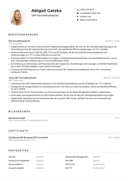 Lebenslauf-Muster für SAP-Geschäftsanalyst*in