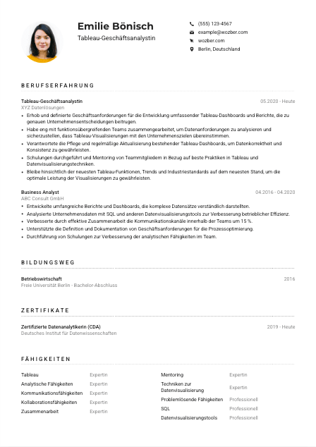 Lebenslauf-Muster für Tableau-Geschäftsanalyst*in