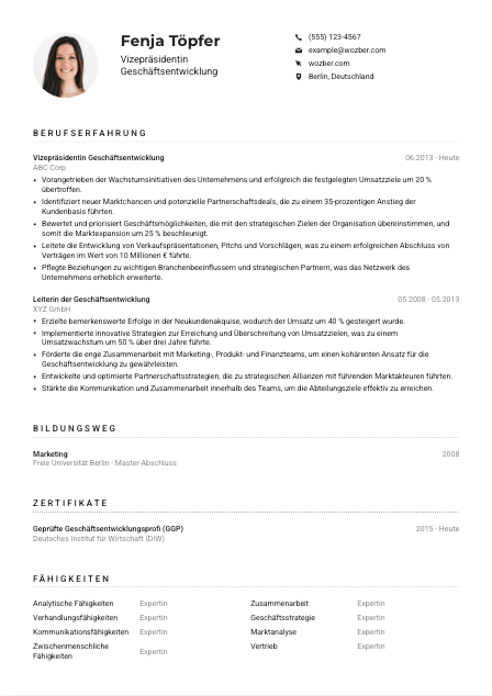 Lebenslauf-Muster für Vizepräsident*in Geschäftsentwicklung