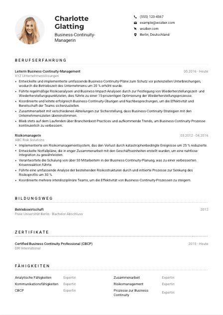 Lebenslauf-Muster für Business-Continuity-Manager*in