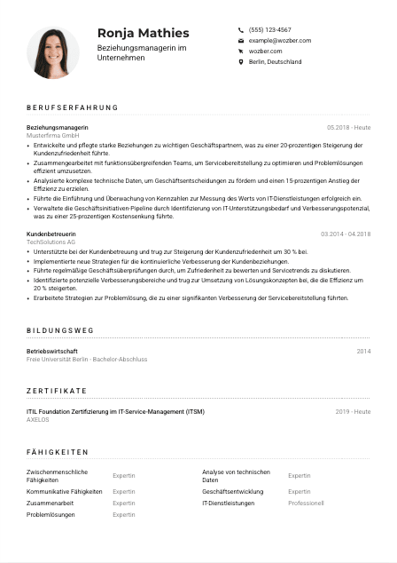 Lebenslauf-Muster für Beziehungsmanager*in im Unternehmen